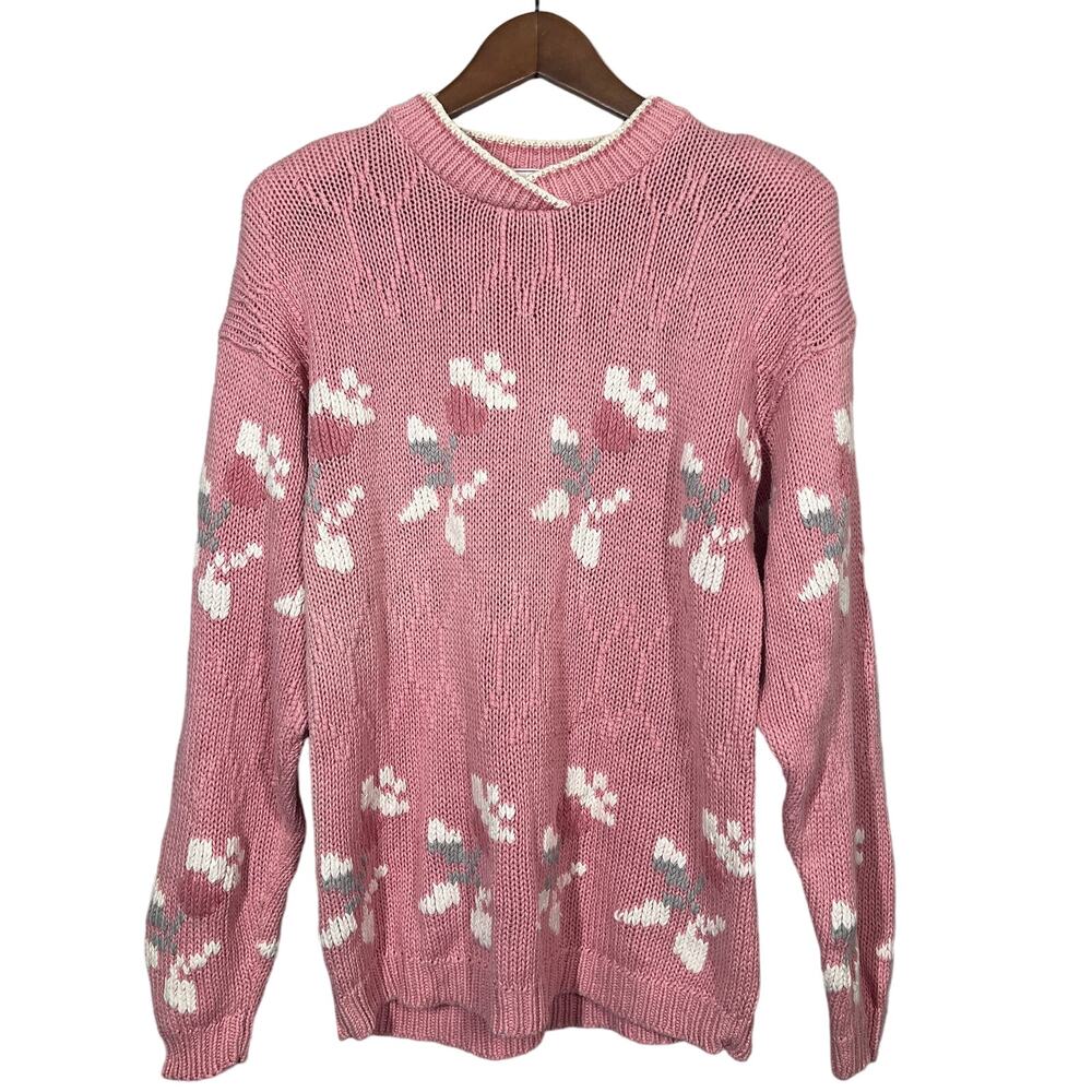 Vintage Gina Peters Sweater Offset Crewneck Pink Spring Floral Knit - L